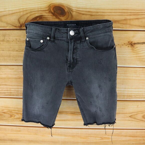 PacSun Bermuda Jean Short Skinniest Cut-Off Men 30 Black Fade STRETCH Distressed - Picture 1 of 8